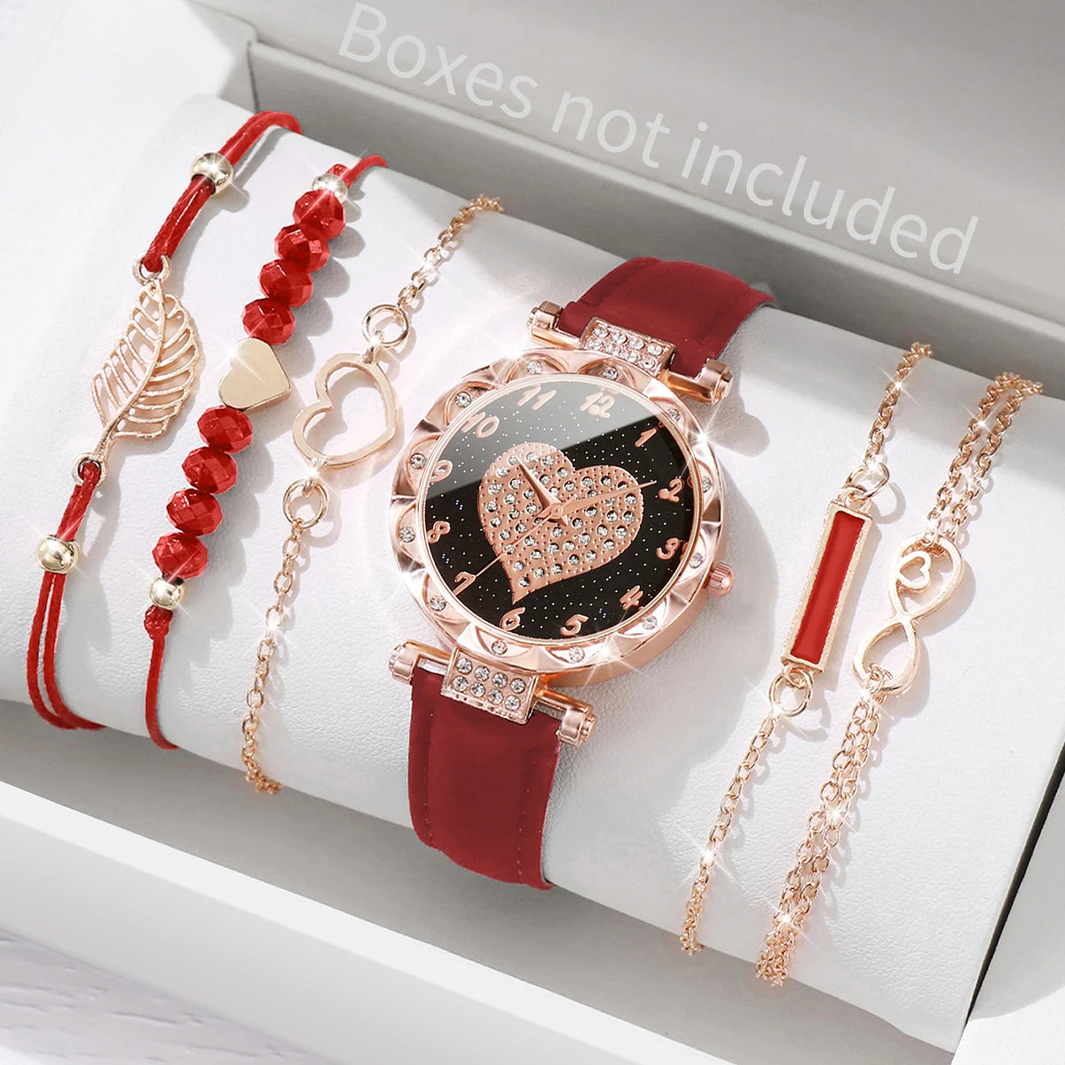 6 unids/set moda corazón dial reloj de mujer banda de cuero relojes de cuarzo conjunto de pulseras de hojas (sin caja)