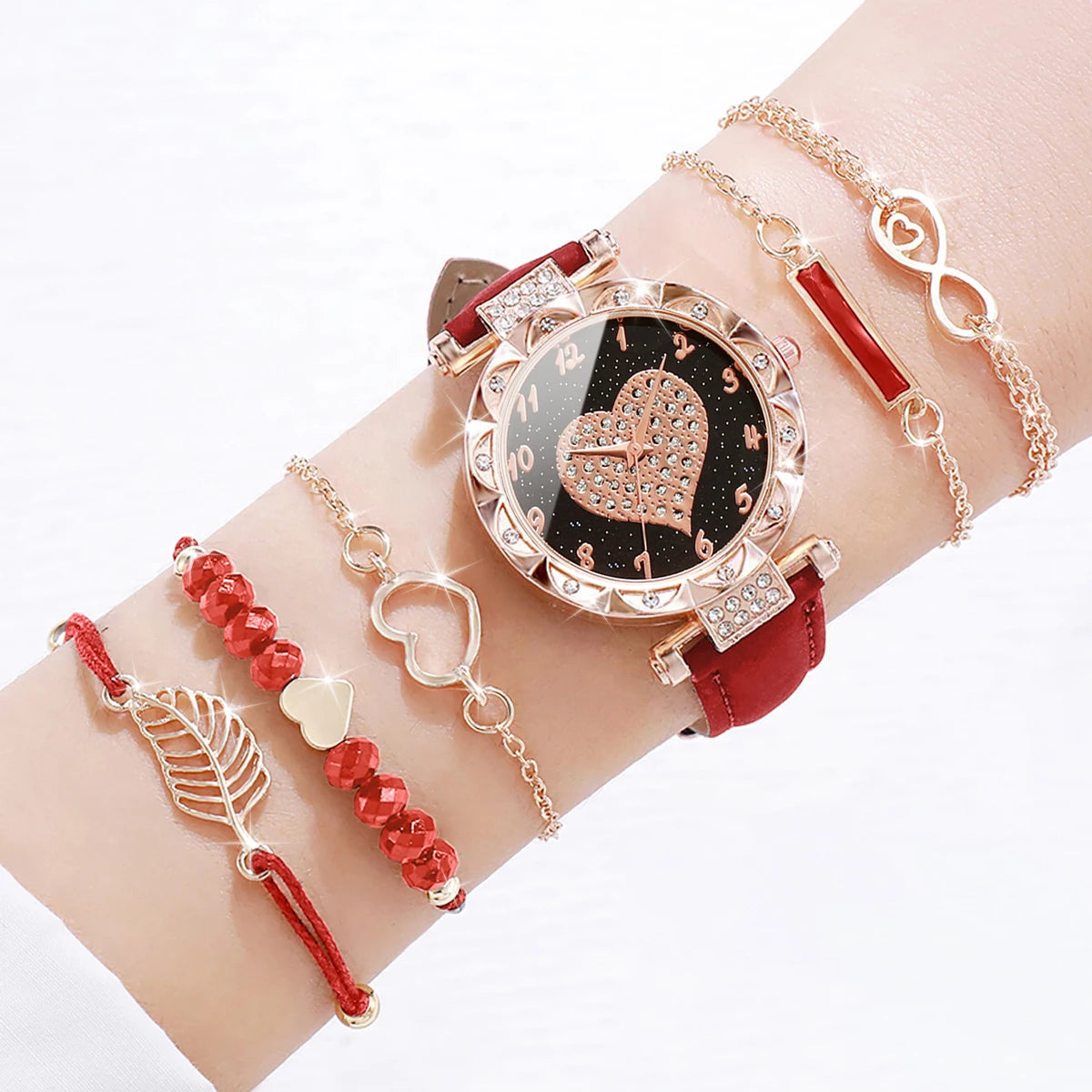 6 unids/set moda corazón dial reloj de mujer banda de cuero relojes de cuarzo conjunto de pulseras de hojas (sin caja)