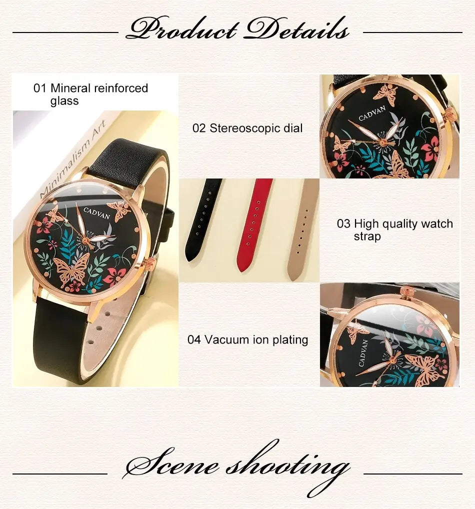 Relojes con correa de cuero informales a la moda para Mujer, relojes de pulsera de cuarzo con esfera de mariposa y cielo estrellado, Reloj de vestir para Mujer