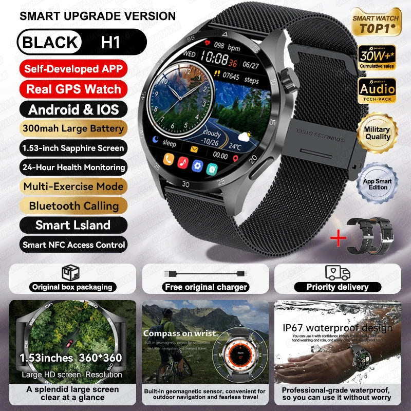 Para HUAWEI IOS deporte al aire libre GPS reloj inteligente hombres 1,53 pulgadas HD Pantalla AMOLED IP68 impermeable Bluetooth llamada NFC Smartwatch 2025