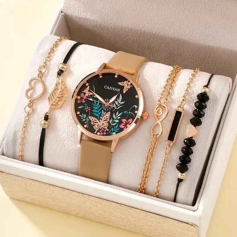 Relojes con correa de cuero informales a la moda para Mujer, relojes de pulsera de cuarzo con esfera de mariposa y cielo estrellado, Reloj de vestir para Mujer