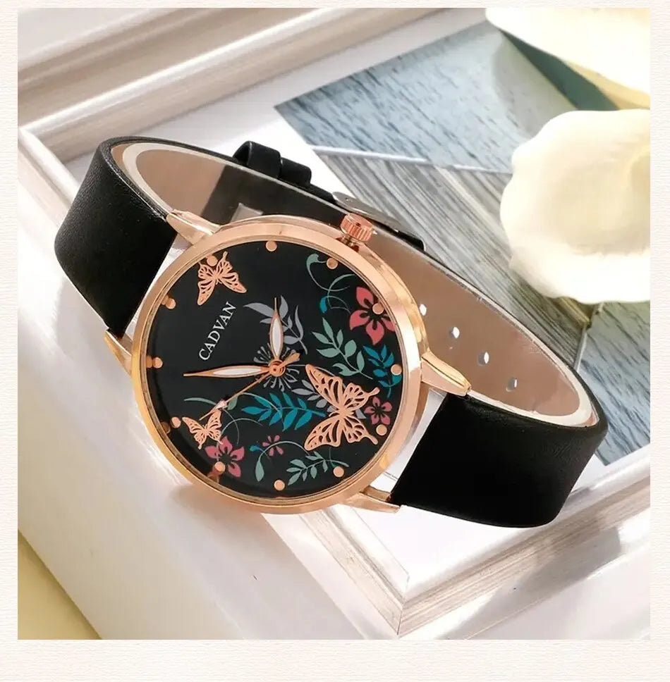 Relojes con correa de cuero informales a la moda para Mujer, relojes de pulsera de cuarzo con esfera de mariposa y cielo estrellado, Reloj de vestir para Mujer